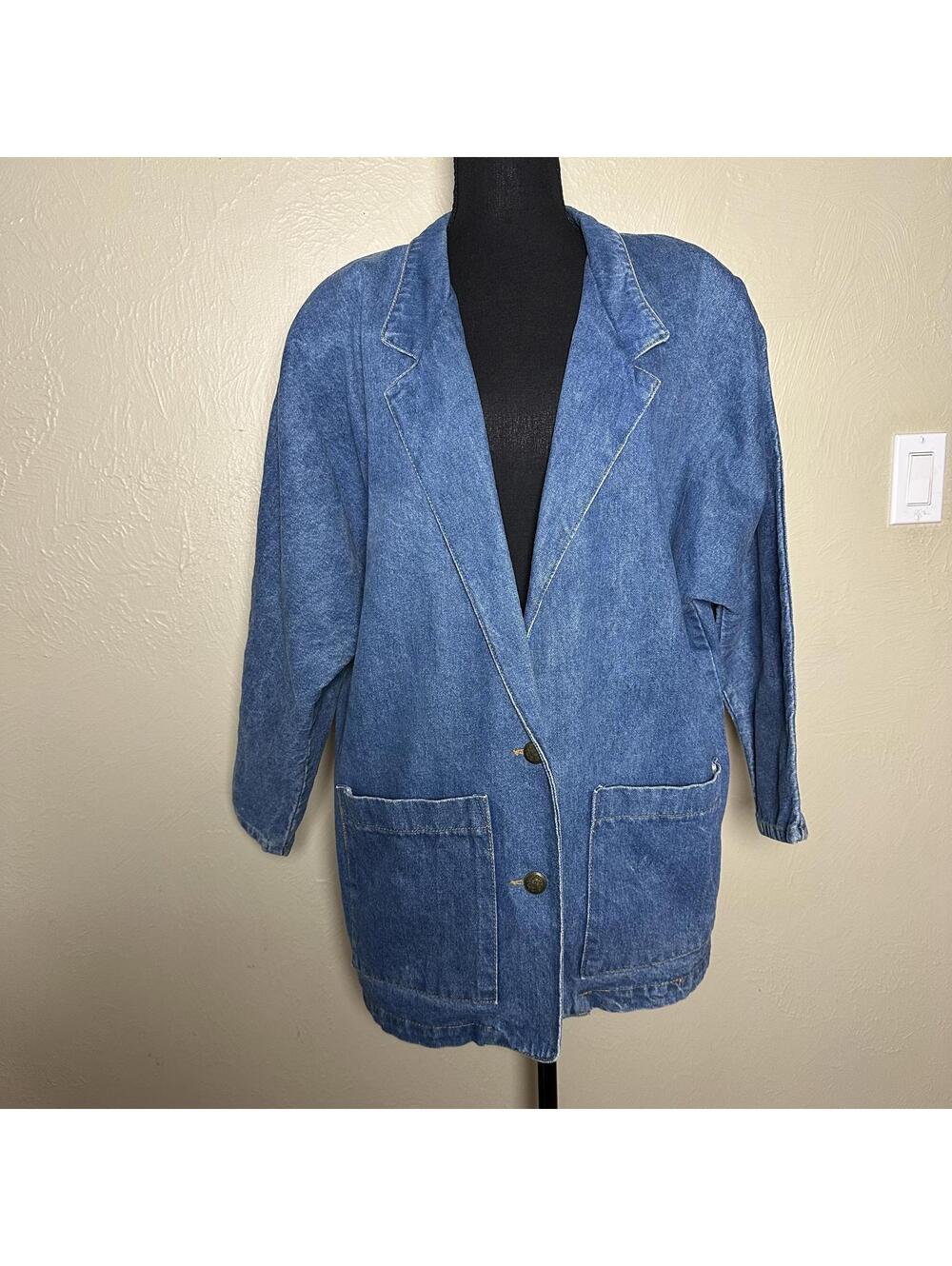 Vintage 90s Denim Oversized Blazer Jacket Relaxed Fit Medium Wash Utility Style